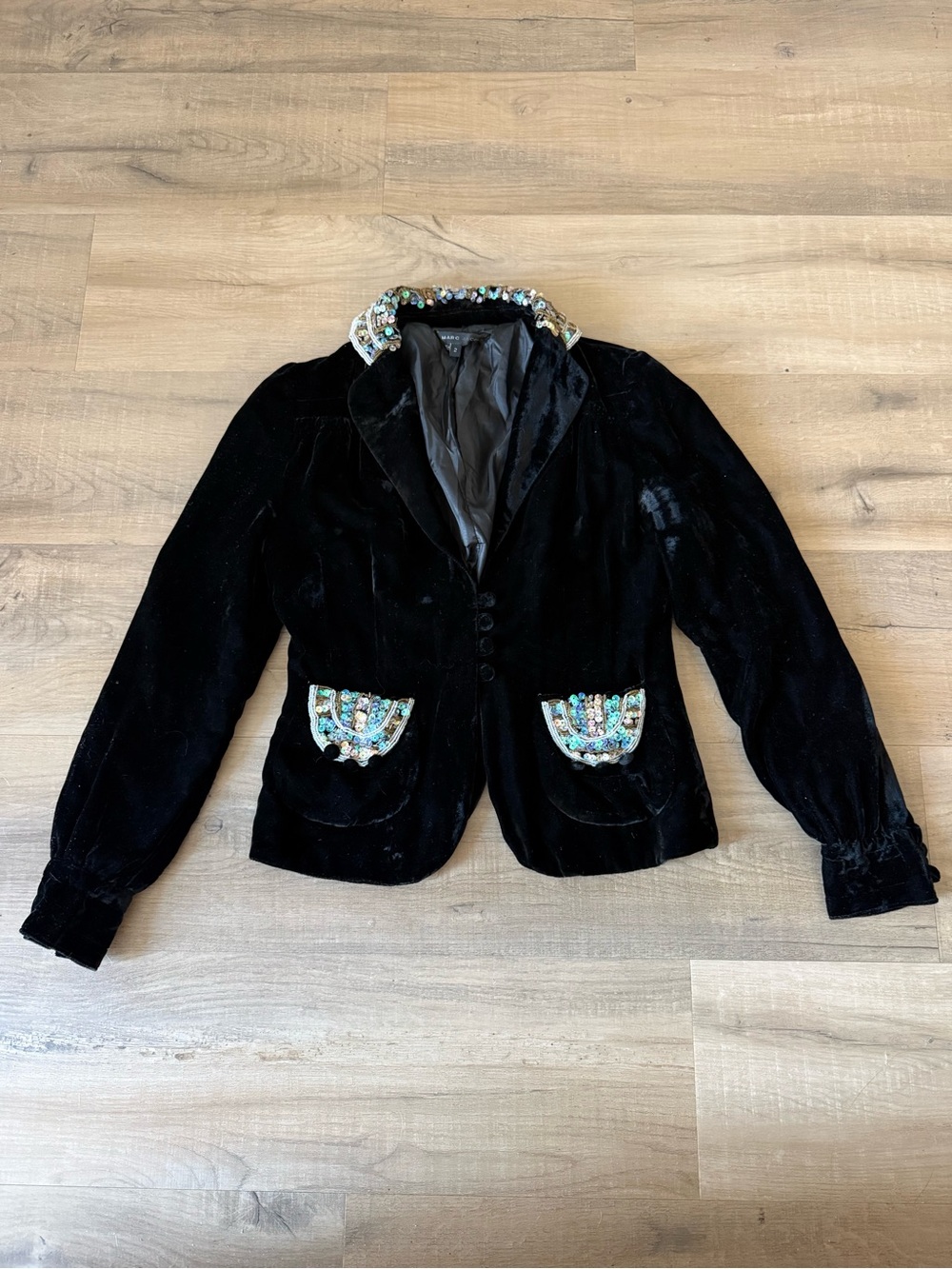 Vintage Y2K Marc Jacobs Runway Black Silk Velvet Sequin Blazer Jacket - US 2 - Picture 2 of 8